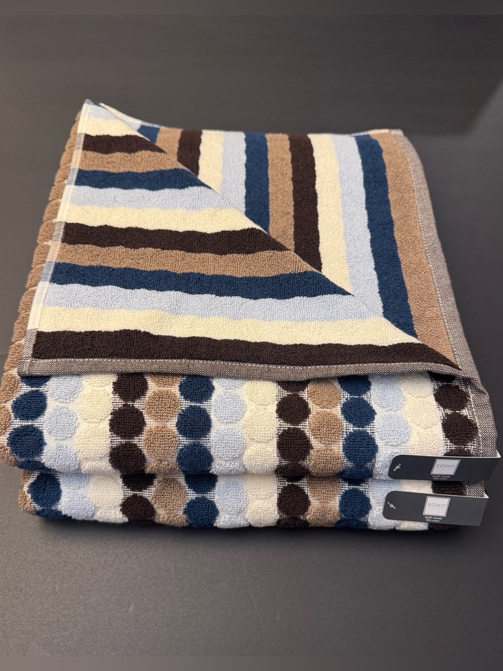 2pc SOHO Living 100% Cotton Penny Tile Dot/Stripe Bath Towel Set  - Blue/Brown